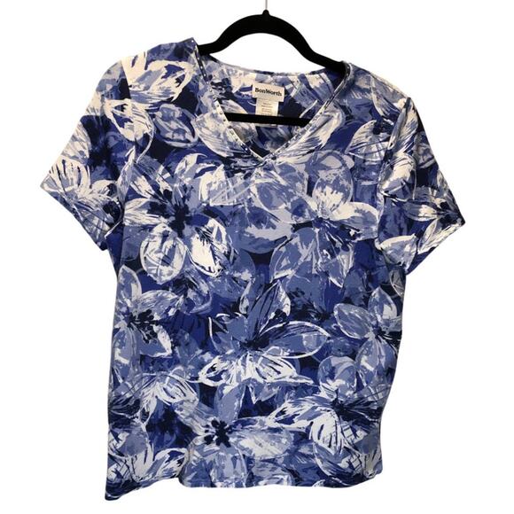 Bon Worth, Sp, Blue Floral, V-neck, Short Sleeve - Picture 4 of 6
